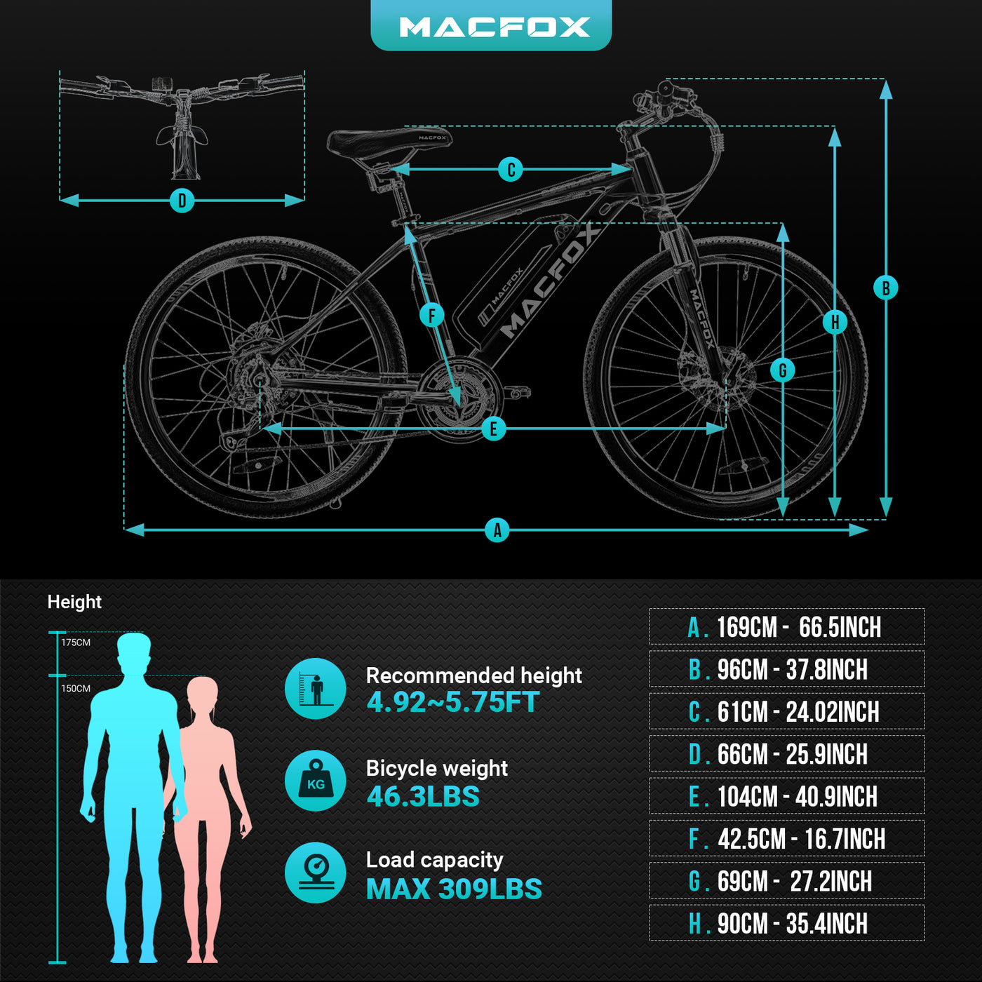 Macfox 26" Electric Bike | Cybertrack 100 - Recommended height